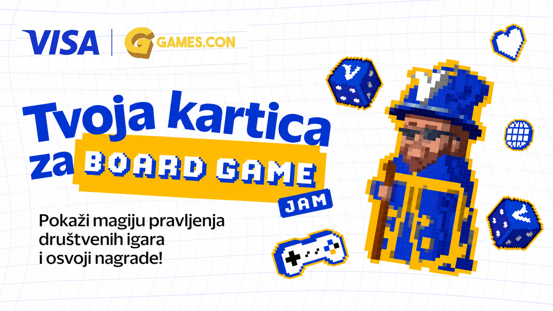 Vizual za Visa Board Game Jam na Games.con festivalu 2026, sa Visa i Games.con logotipima i piksel-likom.
